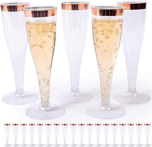 Prestee Set of 24 Plastic Champagne Flutes with Rose Gold Rim - 4.5 oz - Shatterproof Disposable Glasses - Elegant Design - Ideal for Weddings, Cocktail Parties, and Outdoor Celebrations