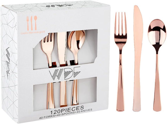 WDF 120 Pieces Rose Gold Plastic Silverware- Disposable Flatware Set-Heavyweight Plastic Cutlery- Includes 40 Forks, 40 Spoons, 40 Knives for Valentine's Day, Mother's Day,Wedding&Party