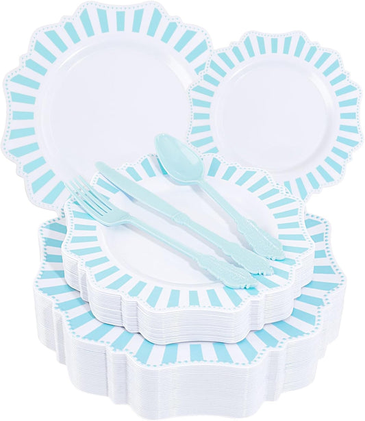 COLOSUS 150pcs Disposable Blue and White Striped Easter Plastic Party Plates and Silverware set, Light Blue Dinner/Dessert Plates silverware serve 30guests for Birthday Wedding Party and Daily use.