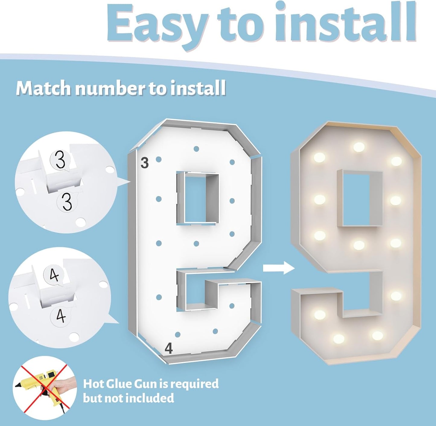 4FT Marquee Light Up Numbers 9,Party Decoration Large Marquee Light Up Letters with Weighted Water Bag,Pre-cut Foam Board Set Can Be Used for Birthdays,Weddings,Baby Anniversaries