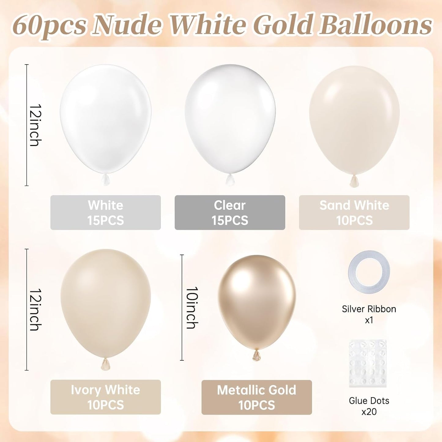60pcs 12inch Beige White Gold Balloons, Metallic Gold Sand White Cream Beige Balloons for Engagement Wedding Baby Bridal Shower Birthday Party Decorations
