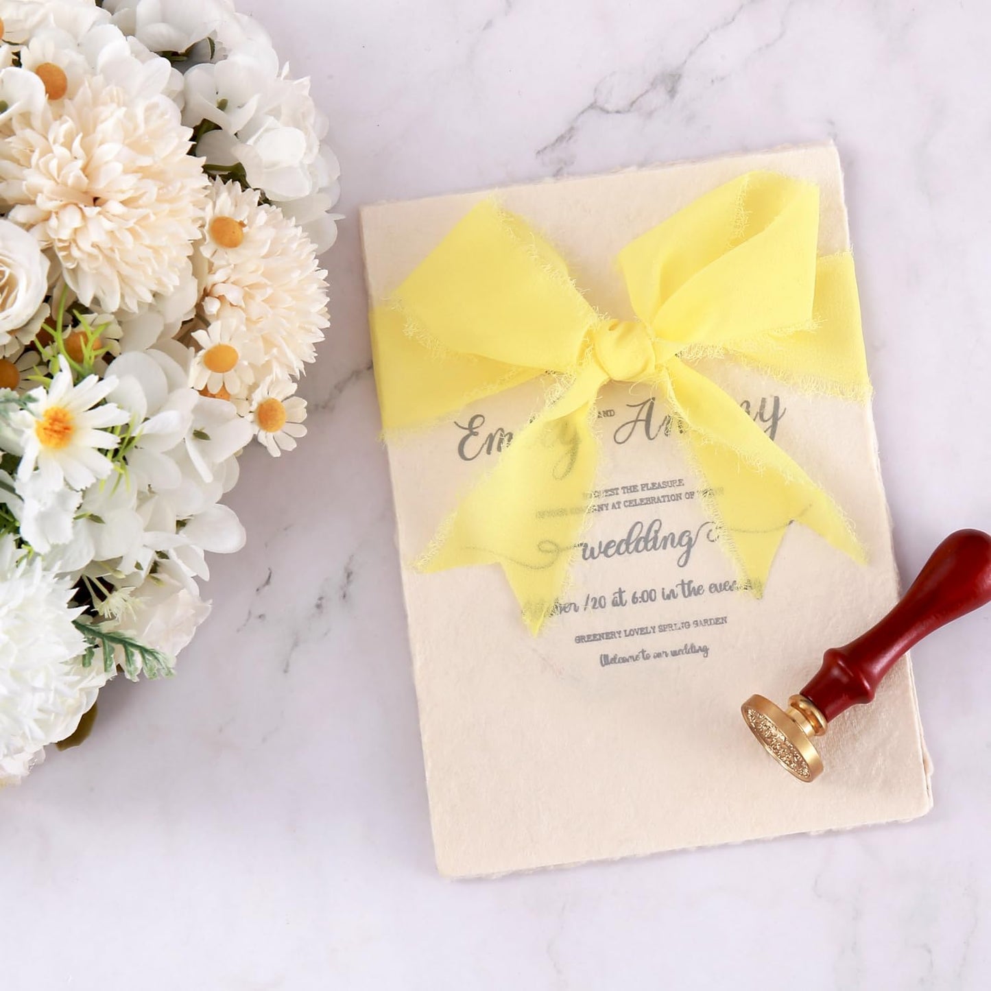 3 Rolls Cream Yellow Handmade Chiffon Ribbon,1.5" x 21Yd Frayed Fringe Silk Ribbons (3 Rolls *7Yd) for Gifts Wrapping, Wedding Invitations, Bridal Bouquets, Decoration