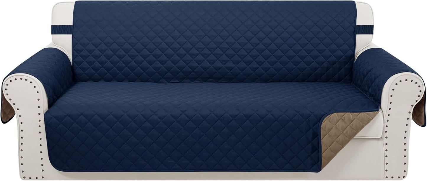 Reversible Sofa Covers Couch Cover Furniture Protector for Dogs Elastic Straps Water Resistant(Sofa,Navy/Camel)