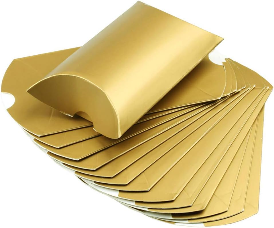 Aokbean 100 Pack Mini Pillow Candy Box Small Gift Boxes with 50 Yards Ribbon for Christmas Wedding Party Favor Gift, Jewelry or Soap Packaging (Gold)