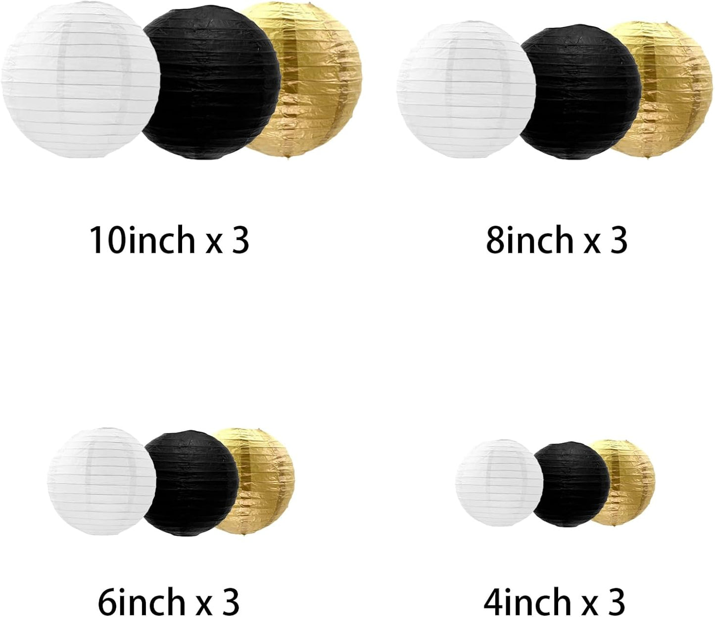 Black Gold White Paper Lanterns Decorative, Chinese/Japanese Hanging Round Paper Lanterns Decorations for Wedding, Graduation, Anniversary Birthday (12 PCS)