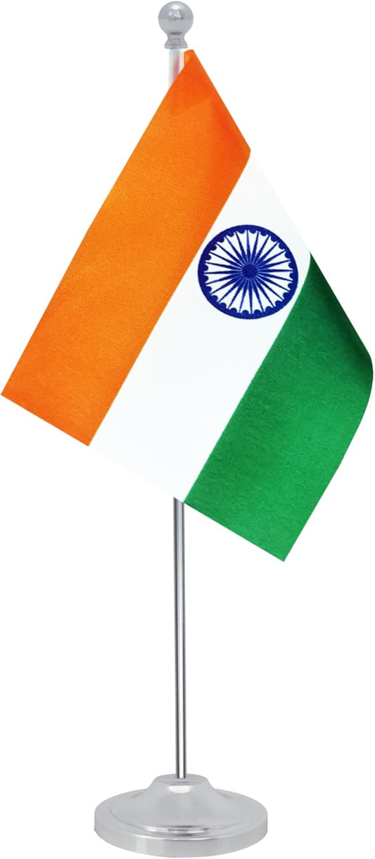 India Desk Flag, Indian Table Office Flag with Metal Pole and Stand Base, International Country Flags, Festival Event Celebration, Classroom Meeting Desktop Decor (India)
