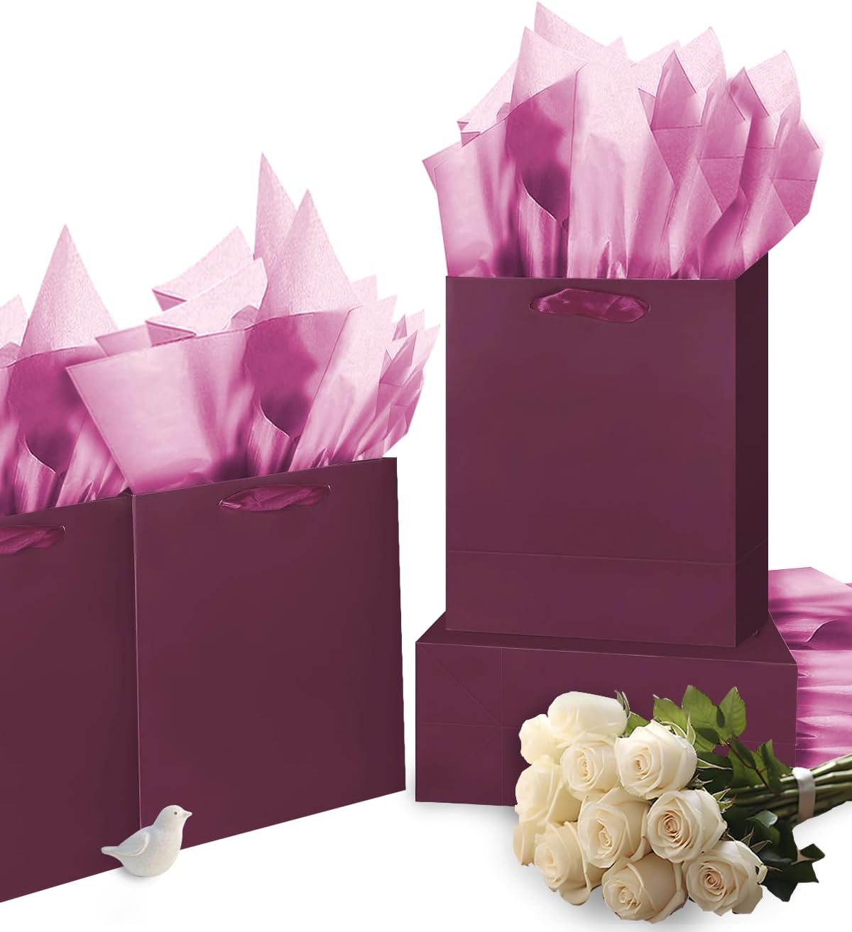 Gcardist Deep Purple Gift Bags with Tissue Paper for Wedding, Birthday, Party Supplies-7.9"x4.3"x9.6" Medium Size Cardboard Gift Bags（5pcs Bags +10pcs Tissue Paper ）