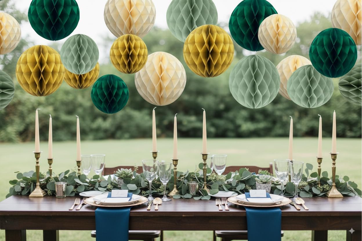 12pcs Sage Green and Gold Paper Honeycomb Balls,6" & 10" Hanging Tissue Pom poms for Birthday Party Decoration