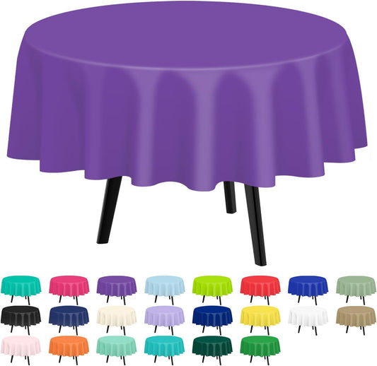 QIKSION Purple Round Tablecloth 6 Pack, 84 Inch Plastic Table Cover Disposable for Parties