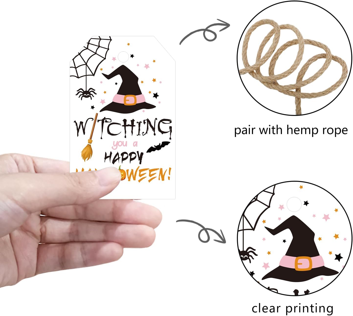 Aukolass 50pcs Happy Halloween Treat Tags,Witch Themed Gift Tags for Halloween Party Favors and Gift Wrapping Decoration(Witching)