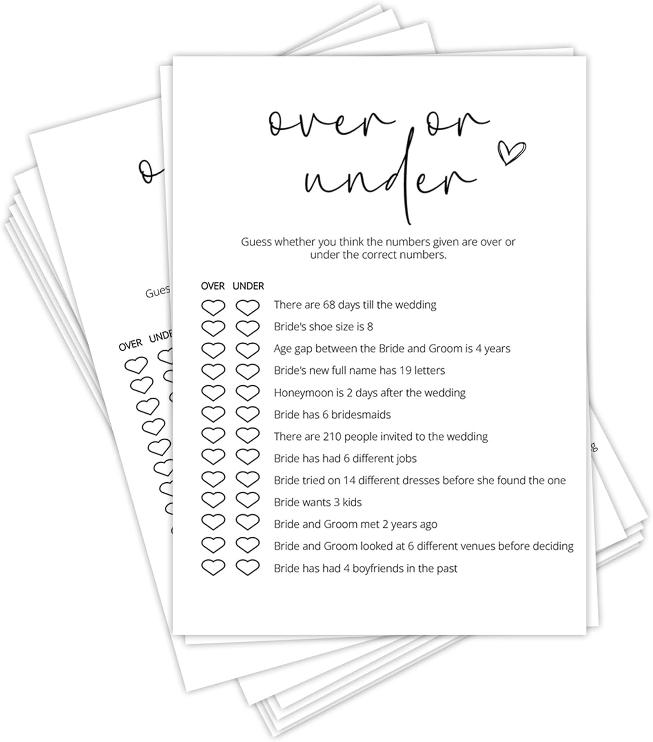 Bridal Shower Games, Over or Under, 25Pcs Minimalist White Double-Sided Bridal Game Cards, Wedding Shower Games for Guests, Engagement Bachelorette Party Supplies - A10