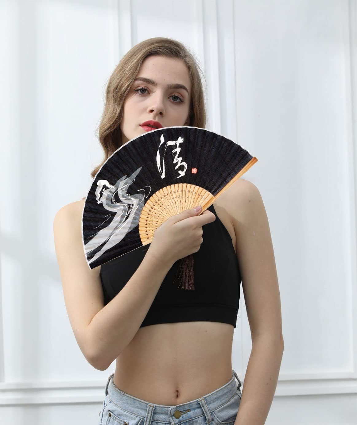 Amajiji Small Folding Hand Fan for Women, Chinese Japanese Vintage Style Bamboo Silk Fans for Party Wedding Dancing Decoration Gift Performance (AM-30)