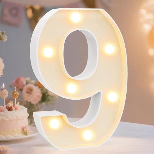 Pooqla Decorative Led Light Up Number Letters, White Plastic Marquee Number Lights Sign Party Wedding Decor Battery Operated Number (9)