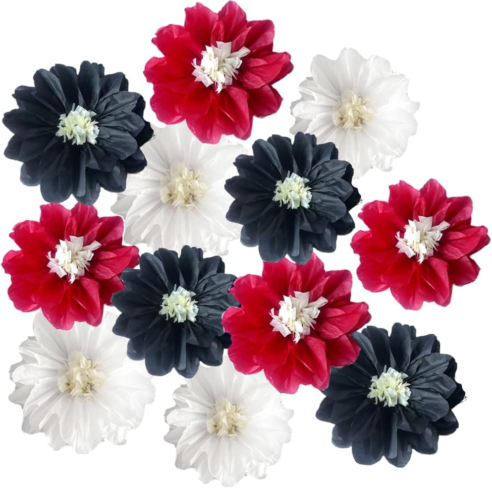 12pcs 8in 10in Paper Flowers Tissue Flowers Pom Paper Pom Poms Hanging Paper Flowers Wall Backdrop Wedding Party Flower Decorations DIY Art Craft Blooms for Birthday Baby Shower Decor White red Black