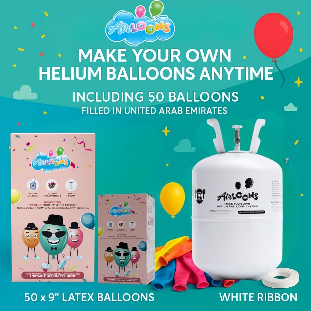 Airloons Helium Balloon Kit with 4 Pack 14.9 Cu Ft Tank - Includes 200 Multicolor 9 in Latex Balloons, Ribbon & Easy to Fill Nozzle - Easy Setup for Birthdays, Weddings, Baby Showers, DIY Party Décor