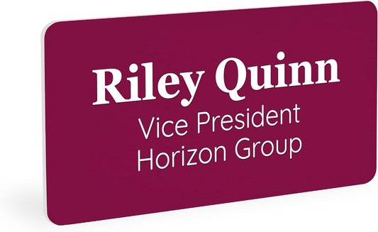 ExcelMark Custom Name Tag - Engraved Name Badge with Pin or Magnetic Backing, 16 Colors, 6 Fonts, and 2 Sizes to Choose from (Burgundy w/White Letters, 1.5"x 3")