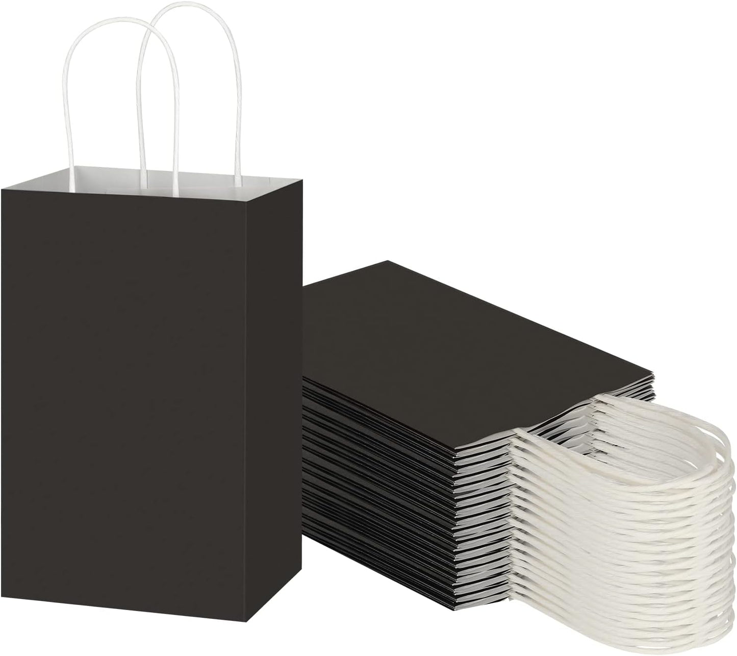Toovip 50 Pack 5.25x3.25x8.25 Inch Small Black Kraft Paper Bags with Handles Bulk, Gift Wrap Bags for Favor Grocery Retail Party Birthday Shopping Business Goody Craft Merchandise Take Out Cub Sacks