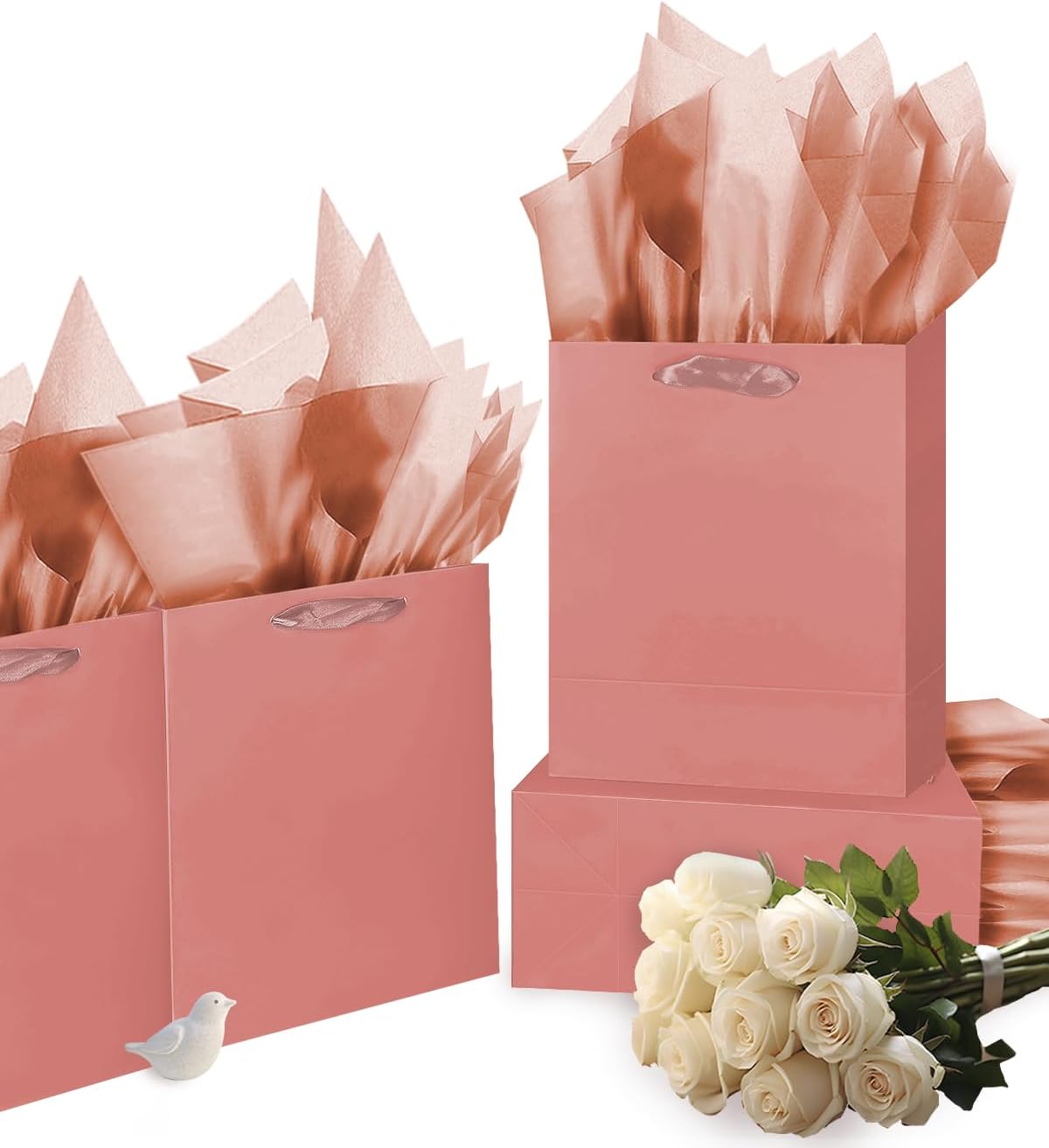 Gcardist Cinnamon Pink Gift Bags with Tissue Paper for Wedding, Birthday, Party Supplies - Medium Size Cardboard Gift Bags (16pcs + 32pcs Tissue Paper)