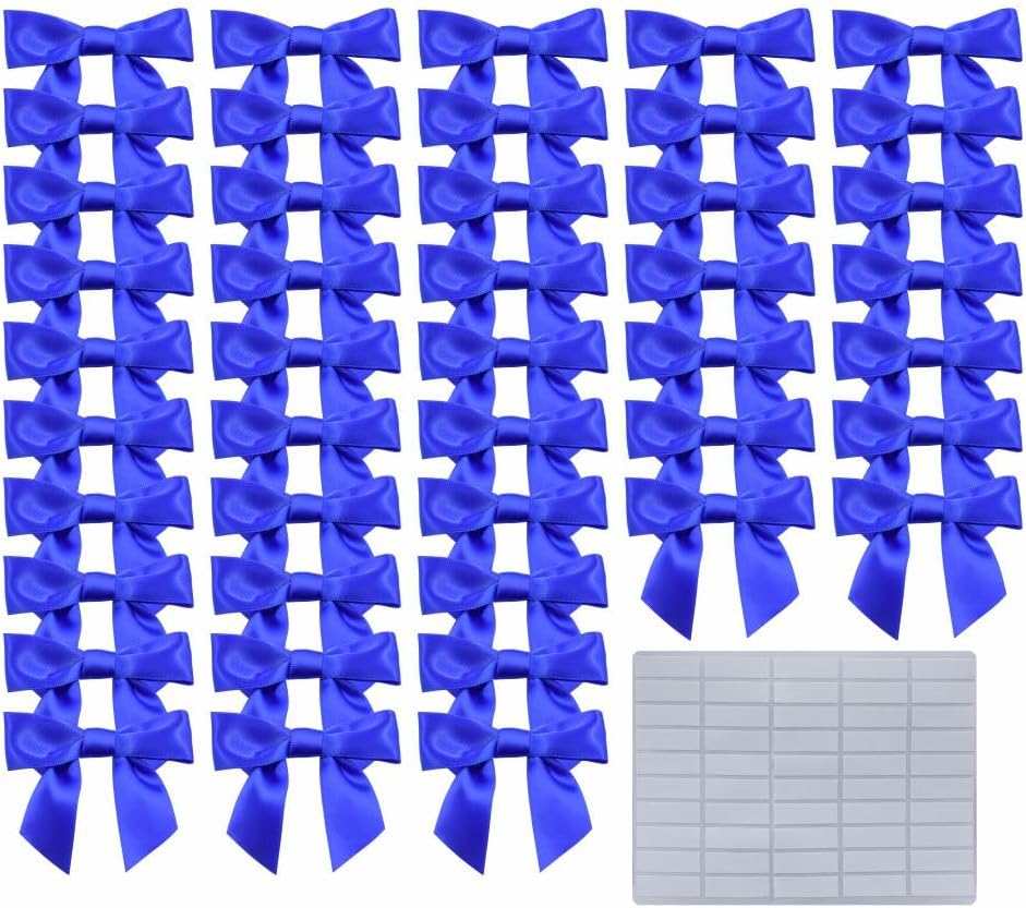 2.5" Hgzgch Blue Satin Ribbon Bow for Gift Wrapping, Premade Bows for Crafts, Cake, Party Favors, Handmade Bows with Double-Sided Tape, Self Adhesive Gift Bows for Presents, Treats, Christmas - 50pcs