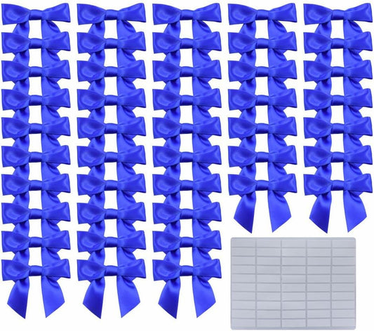 2.5" Hgzgch Blue Satin Ribbon Bow for Gift Wrapping, Premade Bows for Crafts, Cake, Party Favors, Handmade Bows with Double-Sided Tape, Self Adhesive Gift Bows for Presents, Treats, Christmas - 50pcs