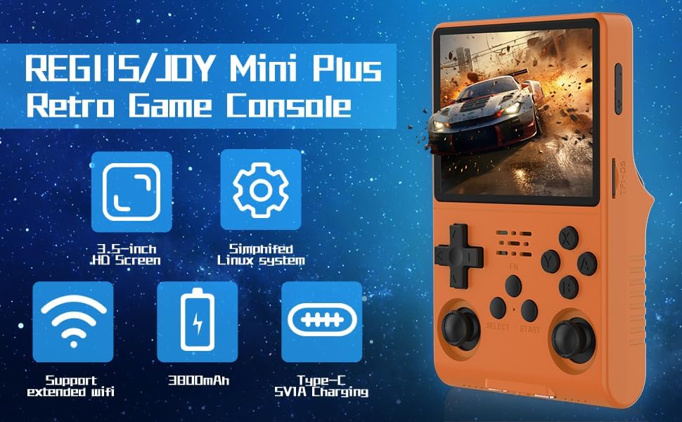 FVBADE[30000 in 1] R40S PRO Handheld Game Console 3.5 inch IPS Screen Mini Retro Console 3800mAh Portable Pocket Arcade 45+ Mainstream Emulator 256G TF Card Transparent.(Orange)