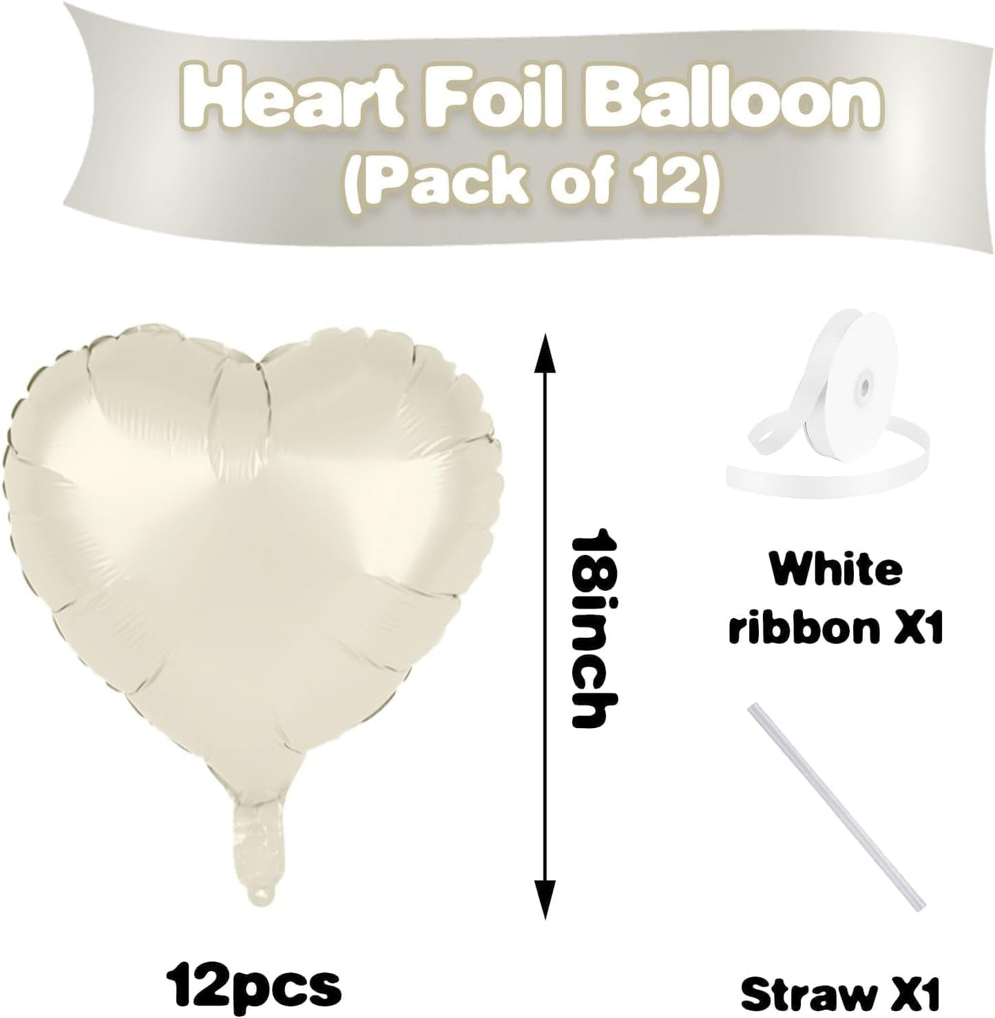 Cream Heart Balloons,12Pcs 18 Inch Beige Foil Love Heart Shaped Neutral Balloons for Bridal Princess Engagement Party Boho Wedding Gender Reveal Anniversary Birthday Valentines Day Decorations