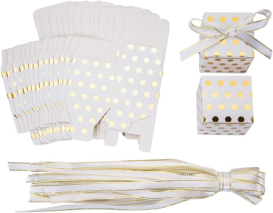 AWELL White Gift Candy Box Bulk with Gold Dots 2x2x2 inches with Ribbon Party Favor Box, Gold Dots, Pack of 50