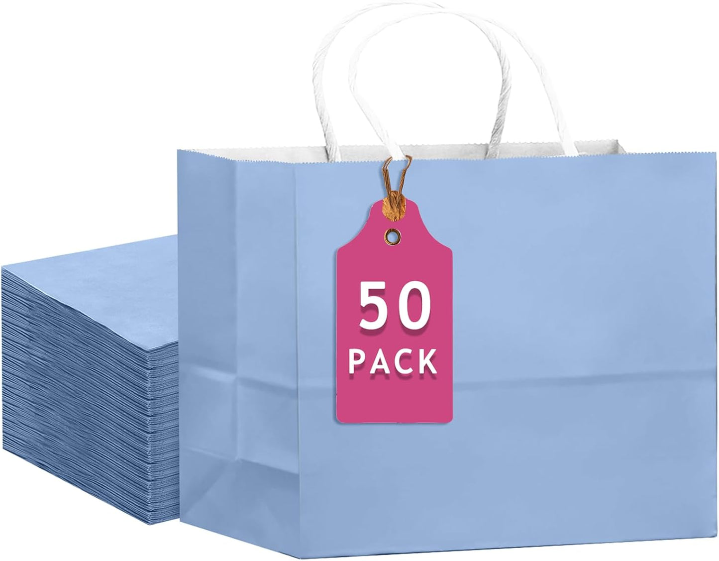 qiqee 50-Packs Light Blue Paper Gift Bags with Handles Bulk 12.6"x4.3"x10" Wide Large Size Party Favor Bags Multiple Uses