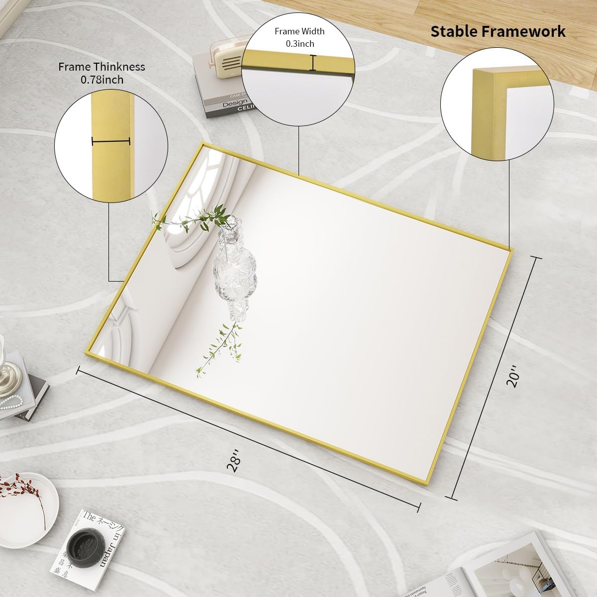 BEAUTYPEAK Gold Bathroom Wall Mirror - 20" x 28" Rectangular Mirror with Metal Frame, Hangs Horizontal or Vertical for Living Room Bedroom Bathroom Entryway