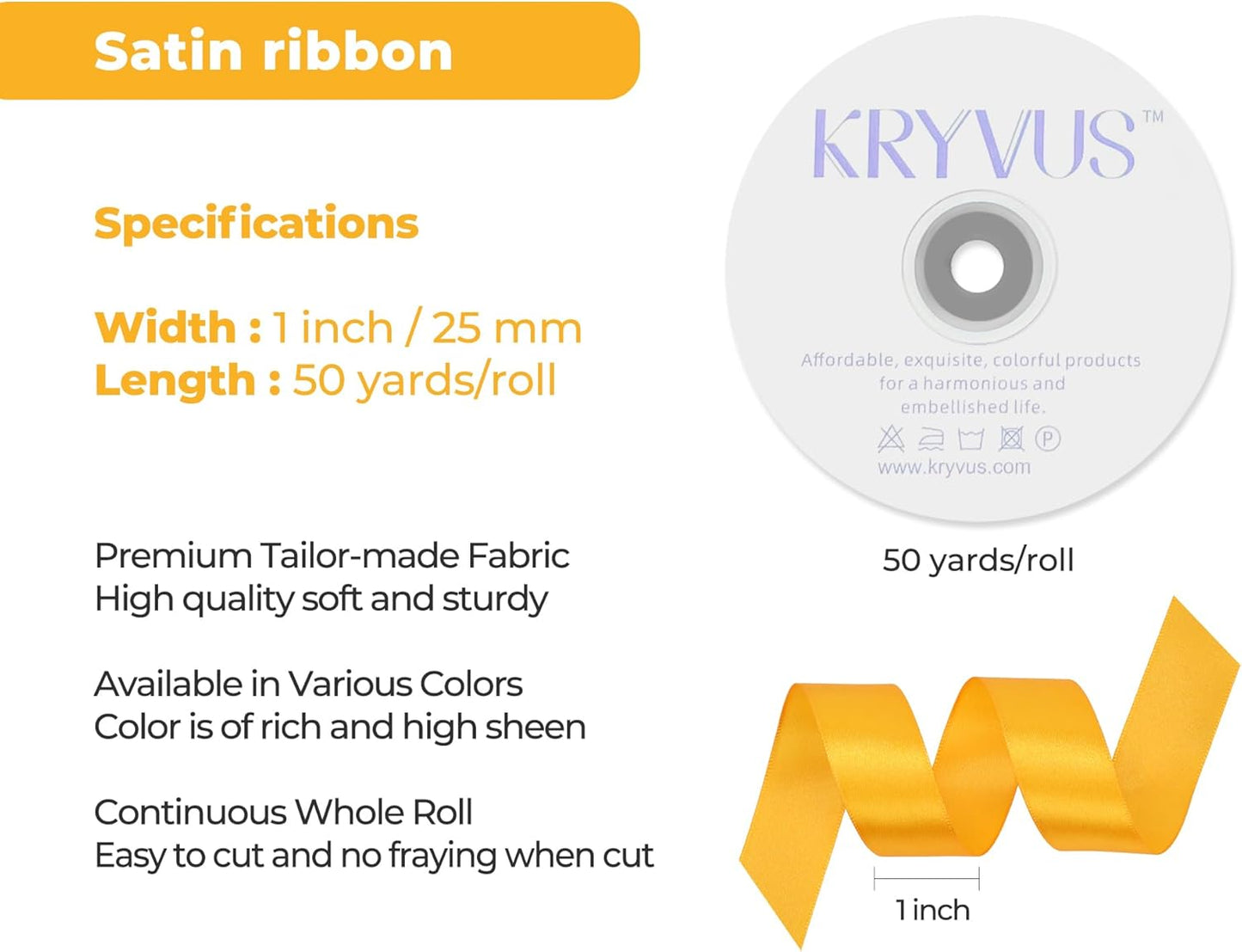 Yellow Satin Ribbon 1 inch X Continuous 50 Yards, Single Face Polyester Ribbon Perfect for Gift Wrapping, Flower Bouquet, Wedding Decor, Crafts, Bow Making, Sewing and More