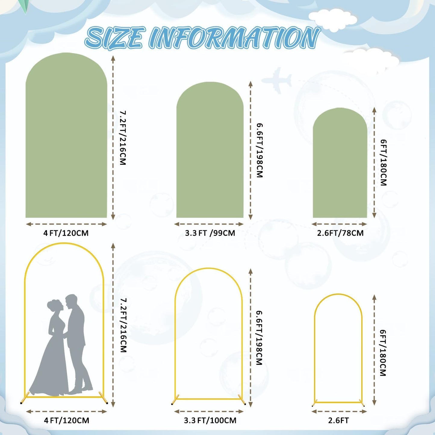 Arch Stand and Cover Set 6FT 6.6FT 7.2FT Arched Backdrop Stand with Spandex Fitted Arch Cover Gold Arch Frame Stand Backdrop for Party Supplies Sage Green Arch Covers for Wedding Anniversary Decor