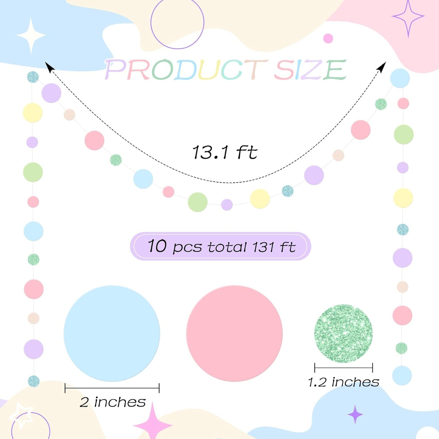 Outus 10 Pieces Colorful Dots Paper Garland Round Glitter Garland Hanging Confetti Streamers Backdrop for Candy Birthday Classroom Halloween Trunk or Treat Car Decoration (Pastel)