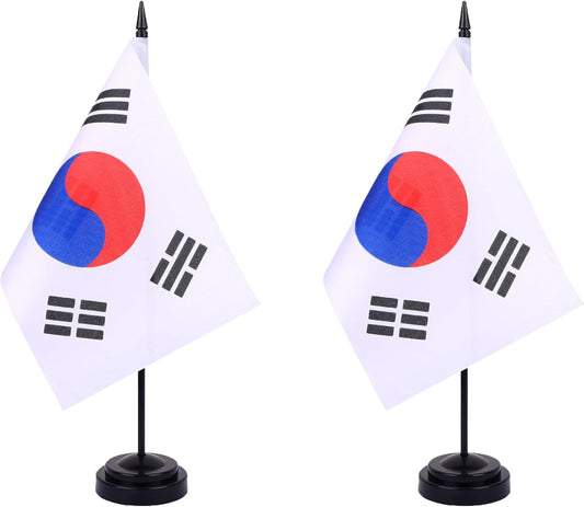 Korea Desk Flag 12" Solid Pole Deluxe Set Korean Flags Banner Mini Small Korea Office Table Flags with Black Stand Base Desktop Decorations(2Pack)