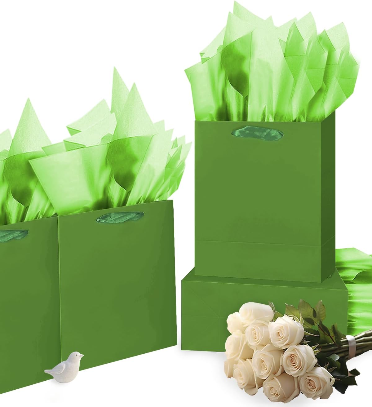 Gcardist Field Green Gift Bags with Tissue Paper for Wedding, Birthday, Party Supplies-7.9"x4.3"x9.6" Medium Size Cardboard Gift Bags（16pcs Bags +32pcs Tissue Paper ）