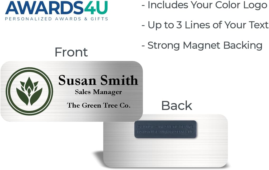 Custom Name Tag with Logo - Personalized Name Badge with Magnet Backing - Choose Your Size and Color (Silver Metal 3"x1.25" - Logo on Left)