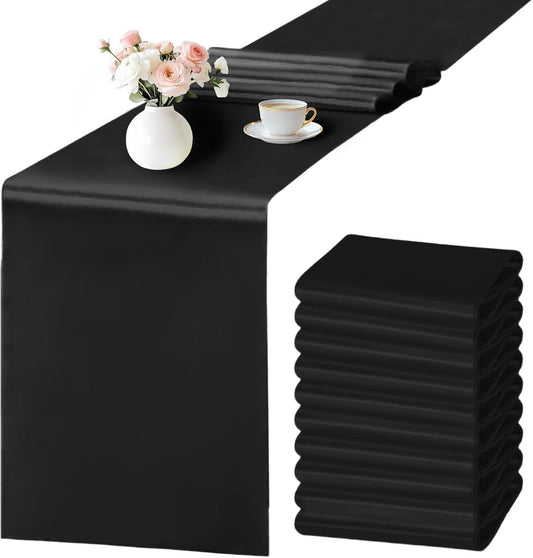 SHEJIZE 10 Pack Black Satin Table Runner 12x108 Inches Long, Bright Silky Smooth Satin Table Runner Table Decor for Wedding Banquet Christmas Prom Event Birthday Party