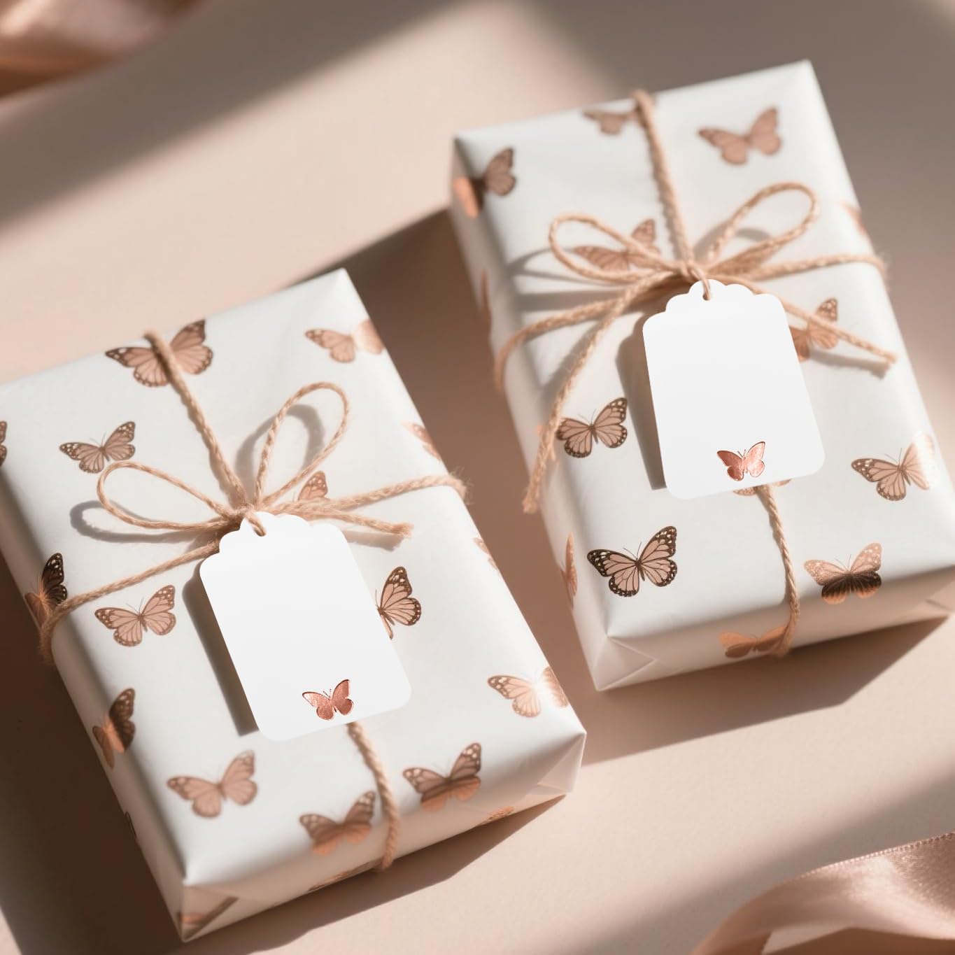 100Pcs Blank Gift Tags with String, Foil Rose Gold Butterfly Large Gift Tags with 65 Ft Jute Twine Cute Tags White Paper Gift Tag for Birthday Baby Shower Wedding Spring Summer Gift Wrap Tag