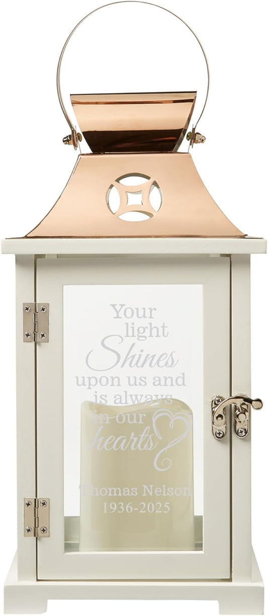 Let's Make Memories Personalized Memorial Lantern - Sympathy - Condolences - LED Candle - Automatic Timer - Wood/Stainless Steel - Copper Finish - Keep The Light On
