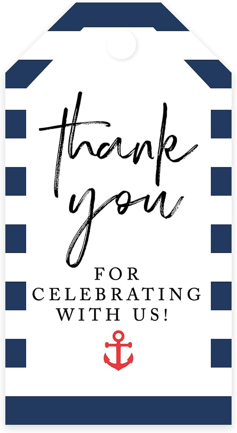 Andaz Press 100-Pack Thank You for Celebrating with Us Favor Tags Nautical Beach Cardstock Gift Tags with Bakers Twine for Wedding Baby Shower Bridal Shower Birthday Party Favors 2 x 3.75-Inches