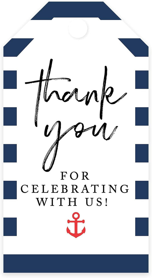 Andaz Press 100-Pack Thank You for Celebrating with Us Favor Tags Nautical Beach Cardstock Gift Tags with Bakers Twine for Wedding Baby Shower Bridal Shower Birthday Party Favors 2 x 3.75-Inches