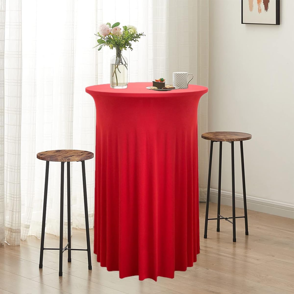 Albassa 4 Pack Cocktail Table Covers 32"x 43" Spandex Stretch Round Cocktail Tablecloths with Wavy Drapes Fitted High Top Bar Table Skirt for Wedding Party Banquet (Red, 4 PCS)