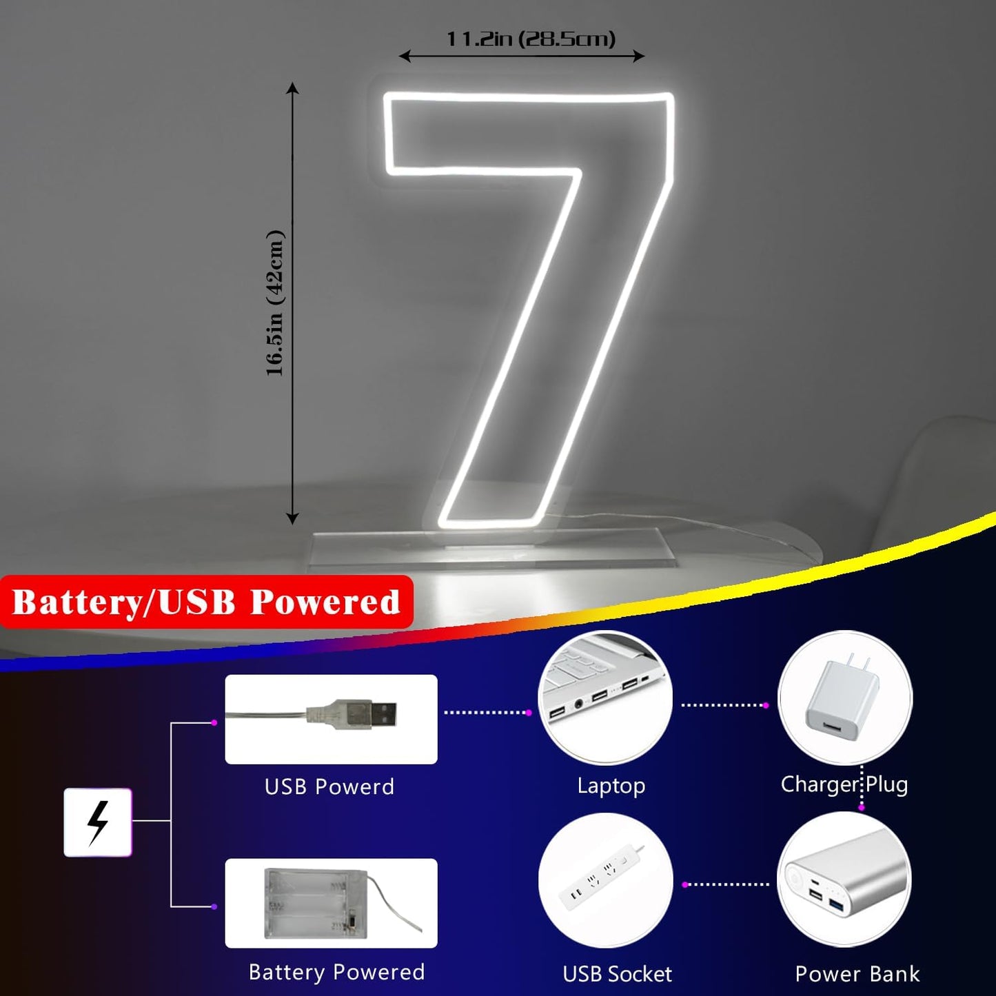 Number 7 Neon Sign for Birthday, 16.54" Cool White USB Battery Powered Led Neon Sign for Party Wedding Anniversary Decor Light Sign (Number 7)