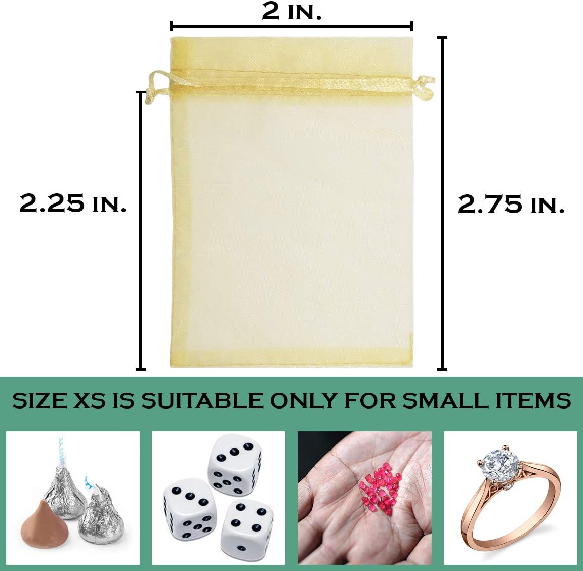 TheDisplayGuys 100-Pack XS 2 x 2 3/4" Gold Sheer Organza Gift Bags with Drawstring, Jewelry Candy Treat Wedding Party Favors Mesh Pouch
