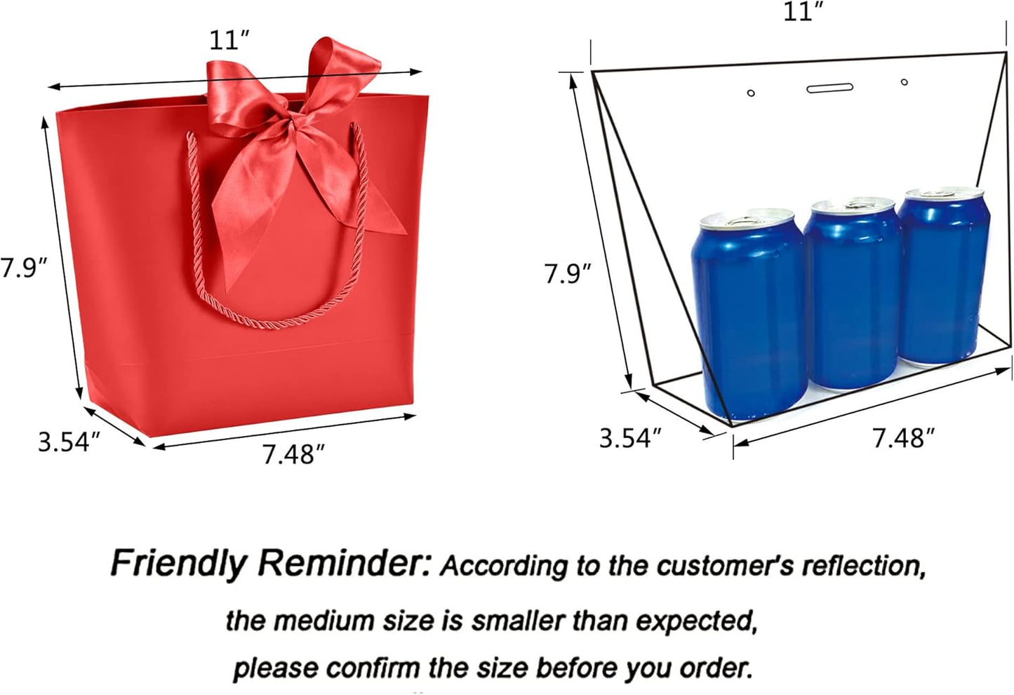 HUAPRINT Gift Bags with Handles,7.48×3.54×7.9 inches,Party Favor Bags with Bow Ribbon,12Pcs Red Paper Bags for Birthday Wedding Bridesmaid Holiday Valentine's Day