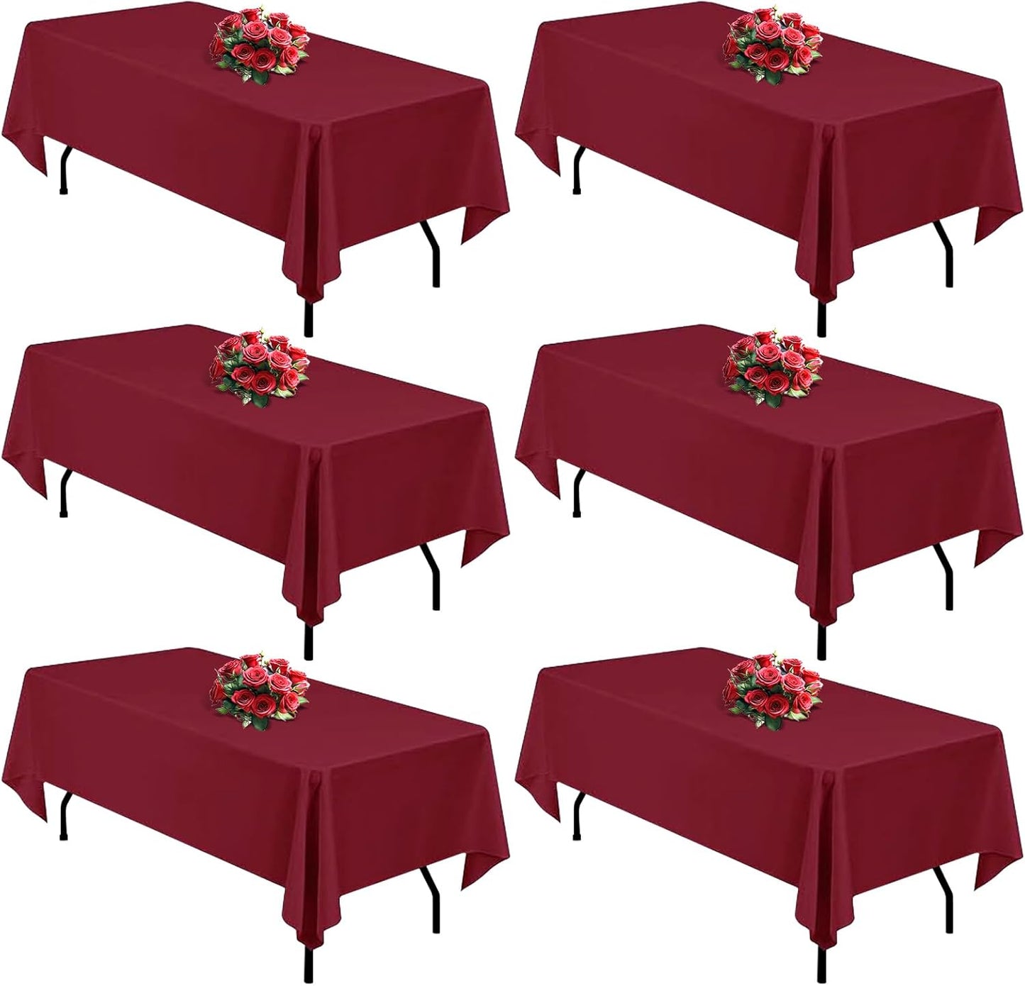 Burgundy 6 Pack Polyester Table Cloth 60 x 126 Inch, Rectangle Tablecloths for 6 Foot Tables Washable Table Cloth for Party Wedding