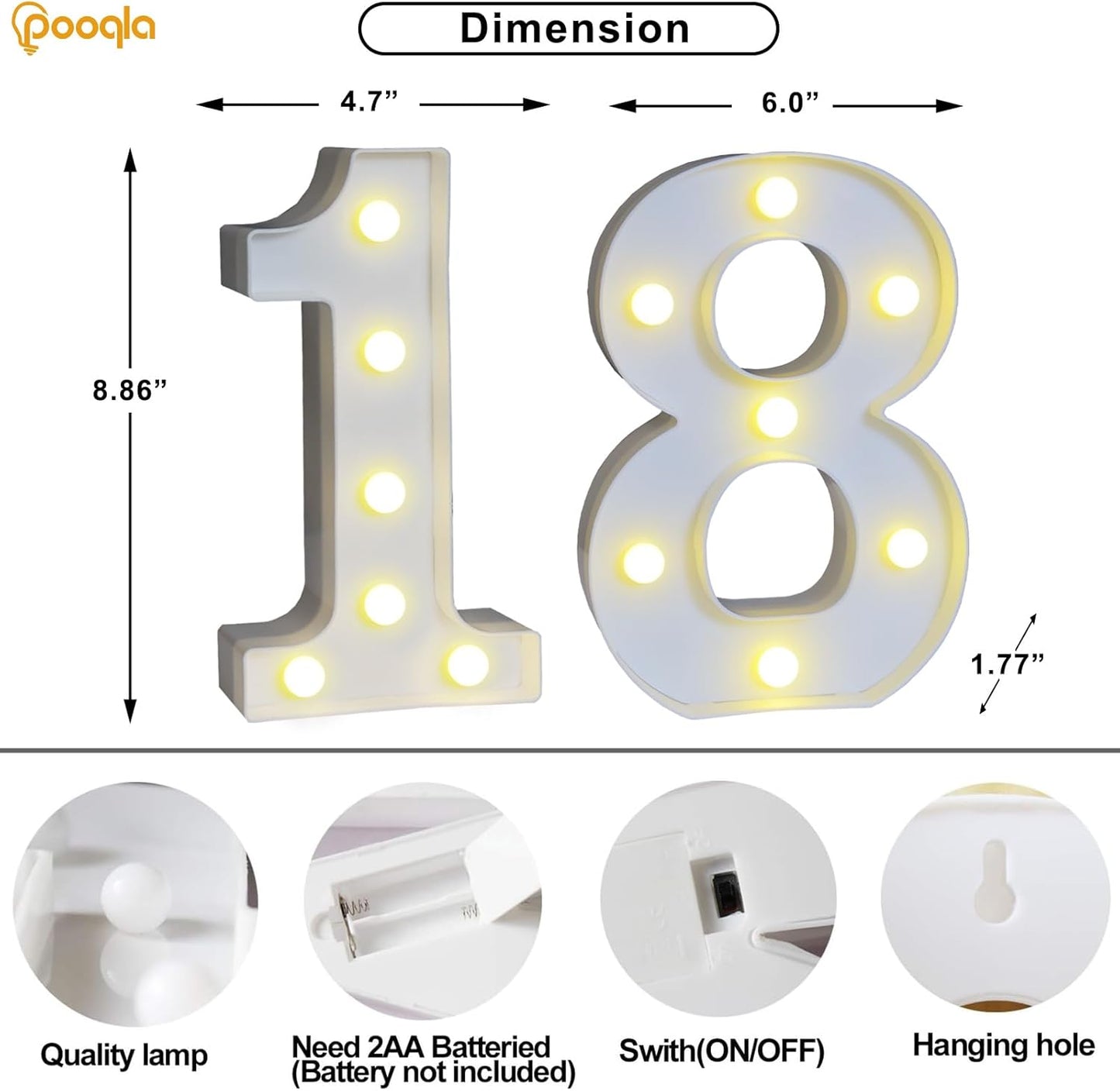 Pooqla 18th Birthday Decorations for Girls Boys, 35 Colors LED Light Up Numbers with Remote, Multicolor Marquee Numbers 18 Sign for Party Wedding Anniversary Decor 18th Birthday Gift, Number 18