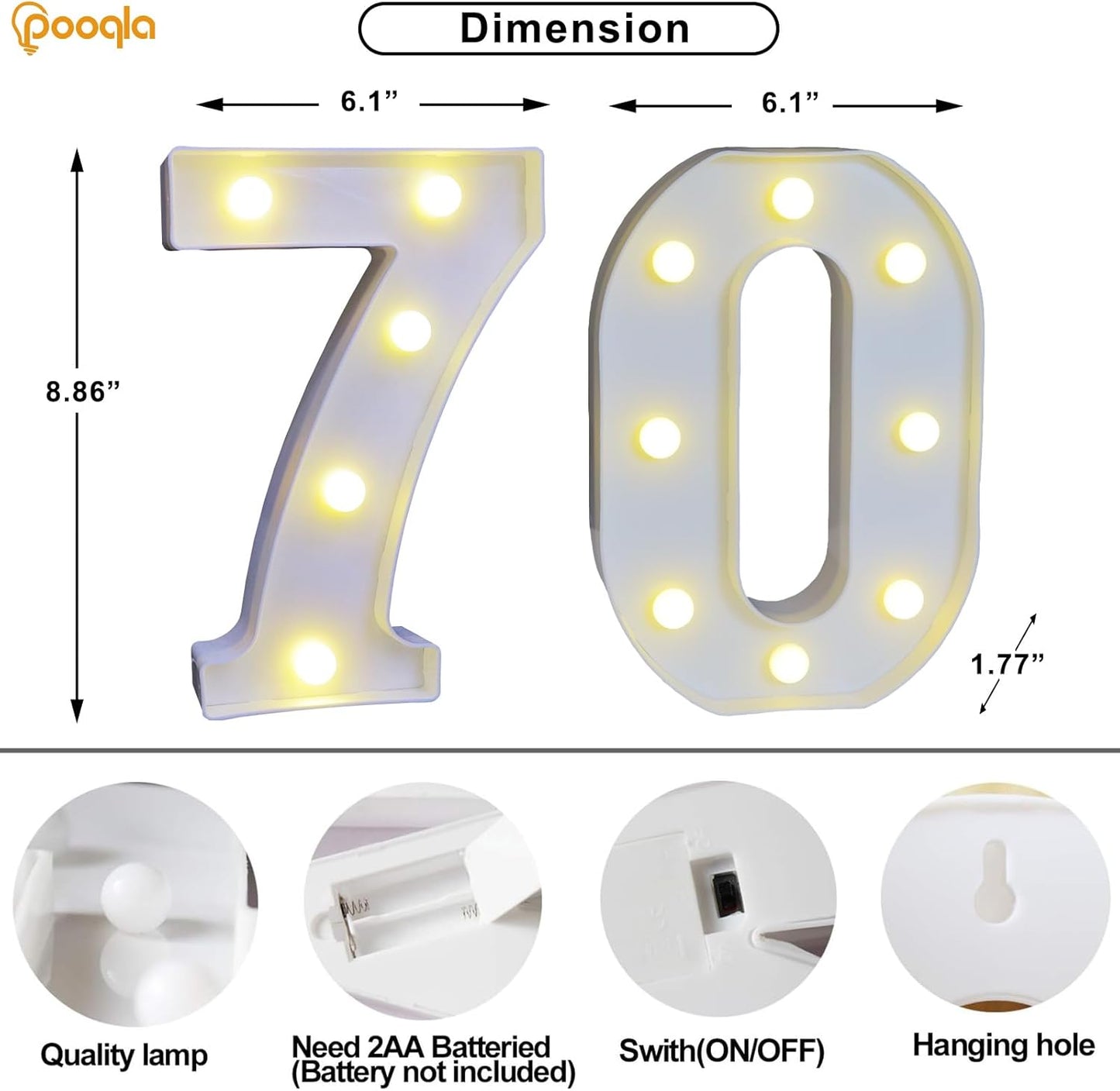 Pooqla 70th Birthday Decorations for Her Him, 35 Colors LED Light Up Numbers with Remote, Multicolor Marquee Numbers 70 Sign for Party Wedding Anniversary Decor 70th Birthday Gift, Number 70