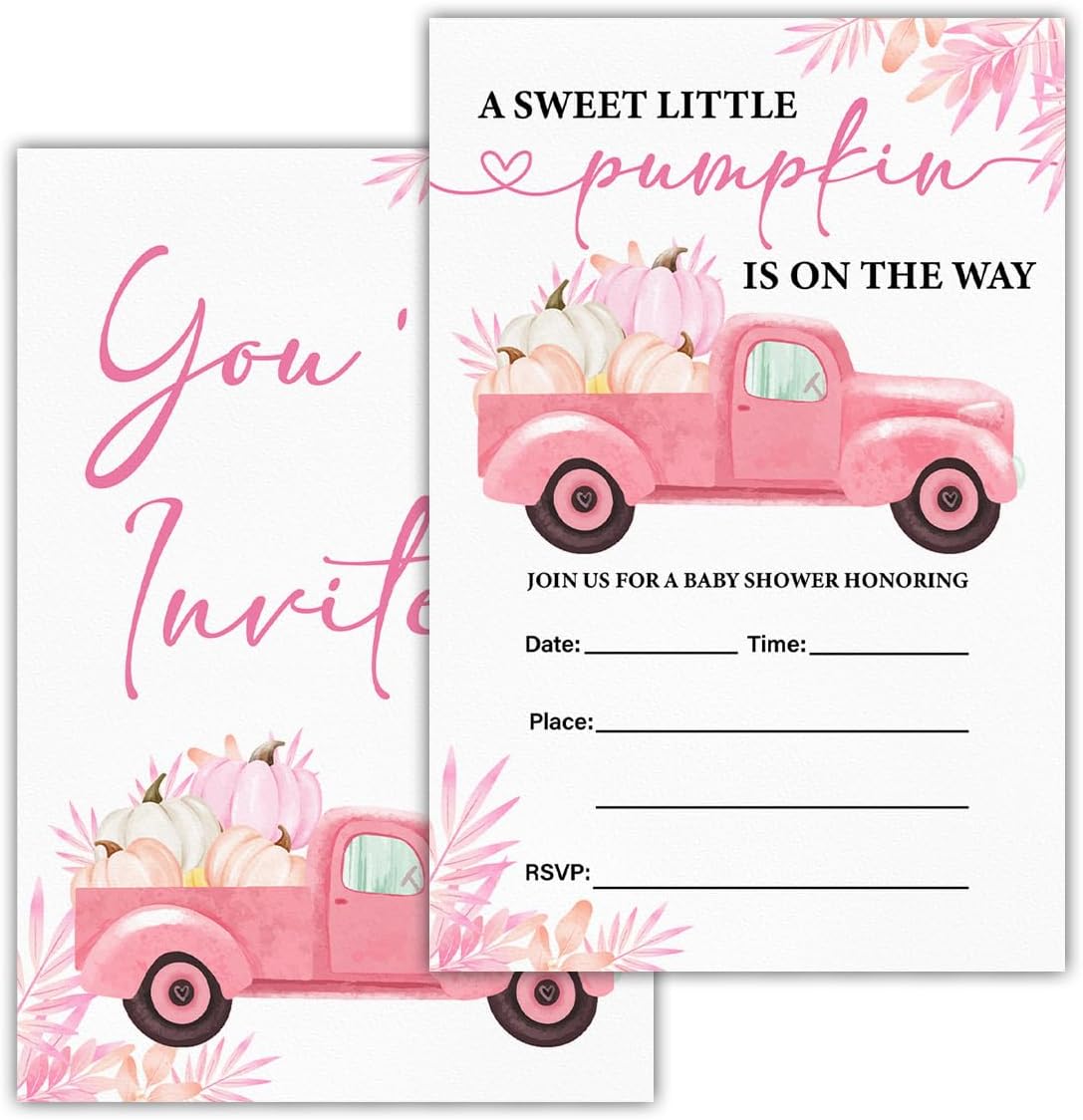 Pumpkin Baby Shower Party Invitations, Fall Pink Pumpkins Truck Baby Shower Party Fill in Invites Cards With Envelopes (20 Count), Double Sided Design