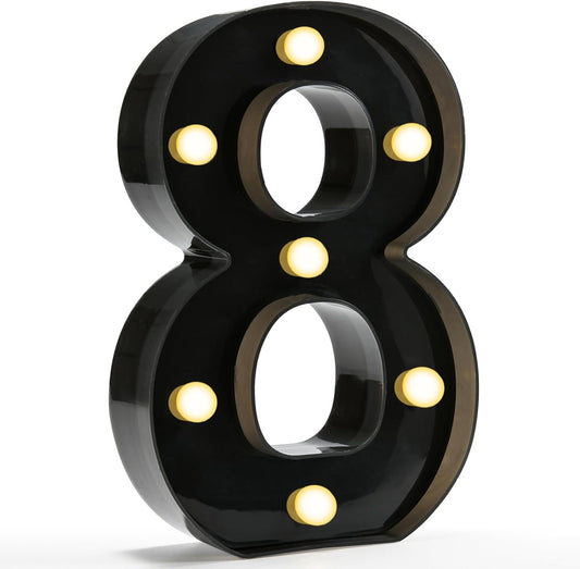 Pooqla Decorative Led Light Up Number Letters, Black Plastic Marquee Number Lights Sign for 8th 18th 80th Birthday Party Wedding Decor Battery Operated Black Decoration 8