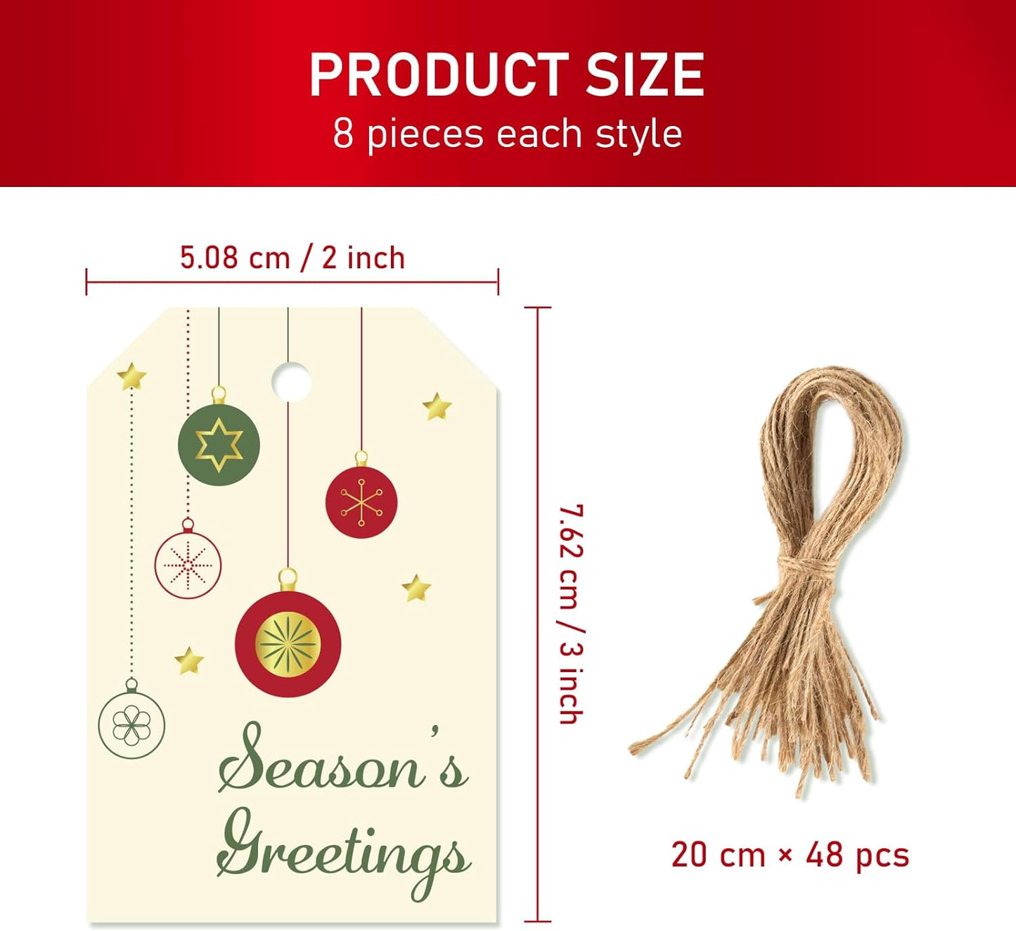 Christmas Gift Tags with String, 48 Pcs Christmas Hanging Tags Label Gold Foil Xmas Present Tag for DIY Xmas Holiday Present Wrapping Decorations, 6 Styles